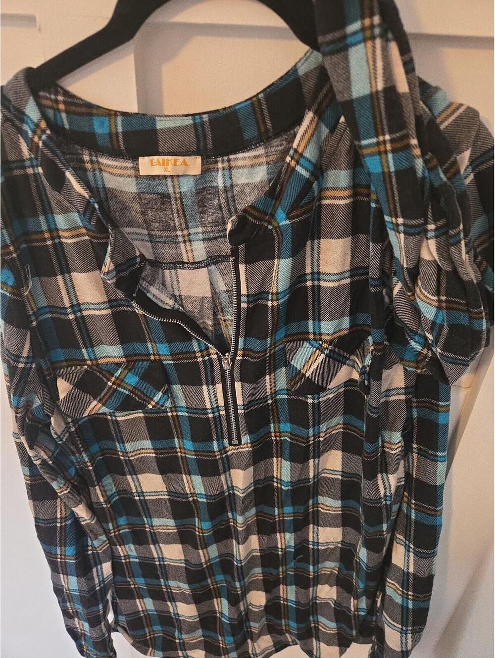 Baikea Women's XL Blue Plaid Zipper V-Neck Tunic Blouse - Picture 5 of 5
